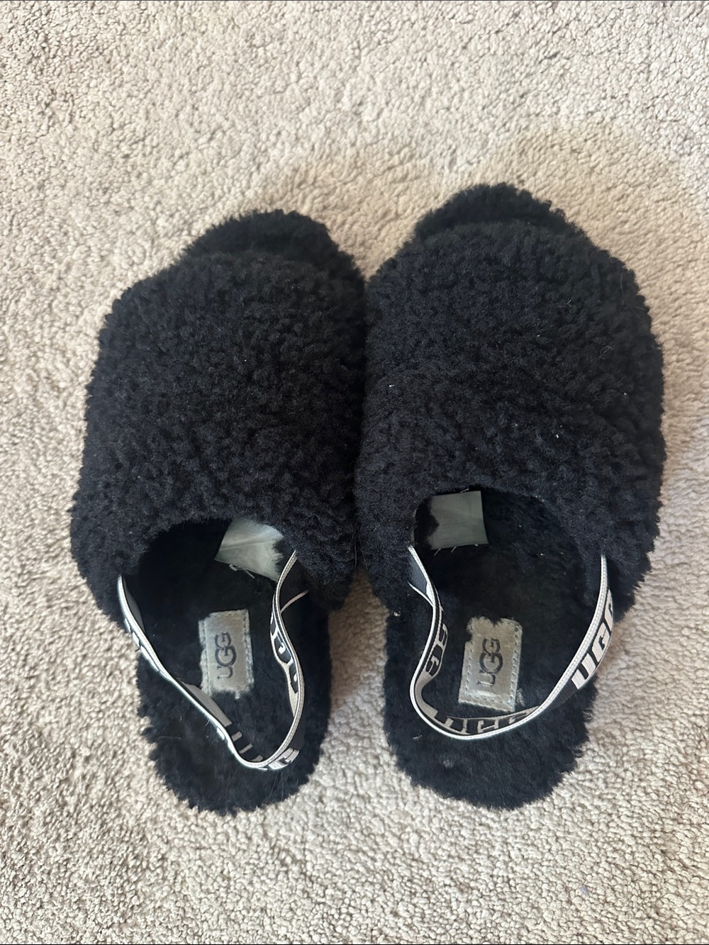 UGG Black Fuzz Slide Slippers with Branded Strap